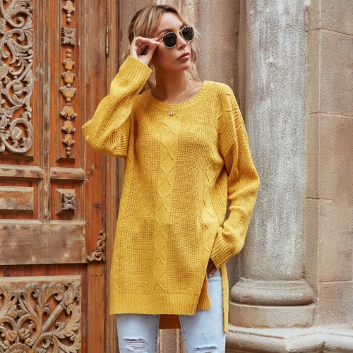 

Twist Casual Mid-length Sweater Loose Round Neck Sweater (Color:Yellow Size:S)