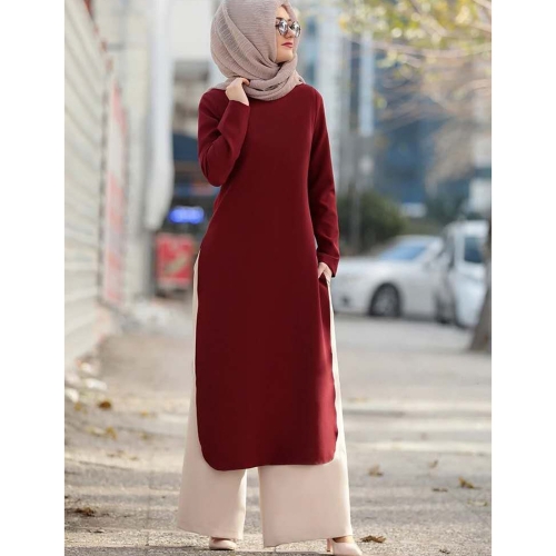 

Women Muslim Evening Dress Top Pants Suit (Color:Wine Red Size:M)