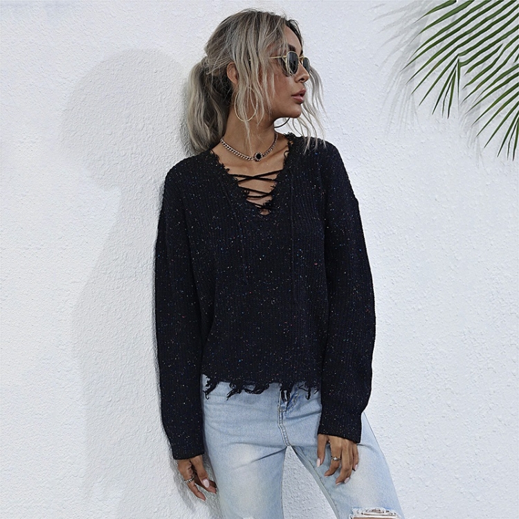 

Pure Color Casual Ragged Sweater Women Loose V-neck Sweater (Color:Black Size:S)