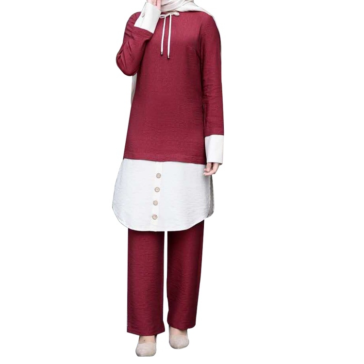 

Women Muslim Contrasting Color Top Pants Suit (Color:Wine Red Size:M)