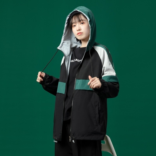 

Women Loose Mid-length Positive And Negative Hooded Color Matching Jacket Jacket Thickened (Color:Black Size:S)