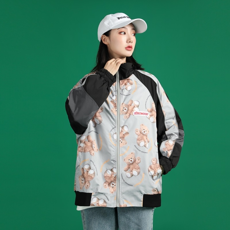 

Bear Print Cartoon Anime Loose Zipper Jacket (Color:Black Size:S)