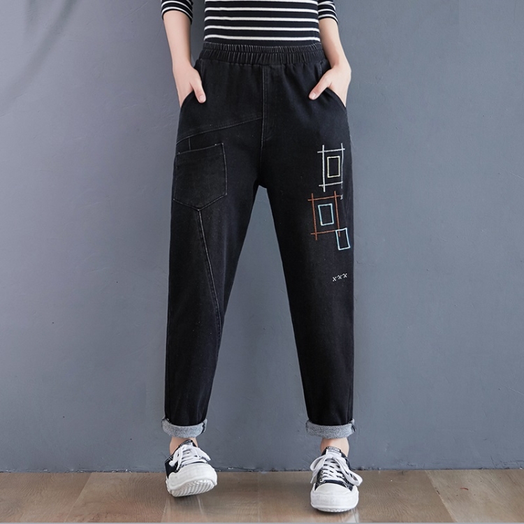 

Embroidered Harlan Jeans Women Loose Casual Carrot Pants (Color:Black Size:M)