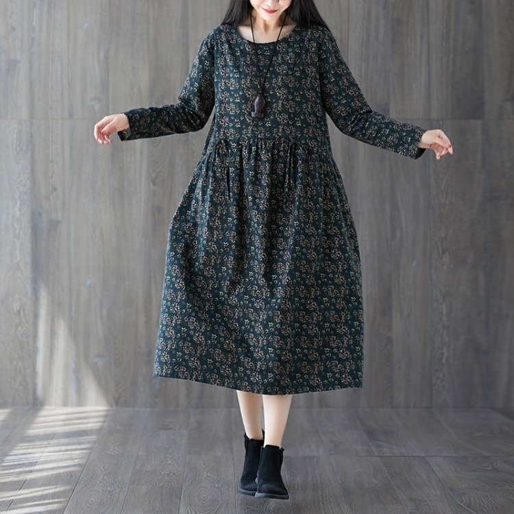 

Retro Cotton And Linen Print Drawstring Waist Slimming Mid-length Dress Women (Color:Dark Green Size:M)