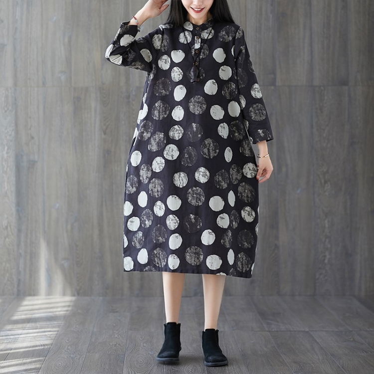 

Loose Slim Printed Mid-length Cotton And Linen Dress (Color:Black Size:M)