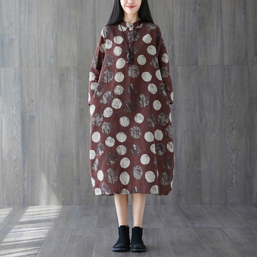 

Loose Slim Printed Mid-length Cotton And Linen Dress (Color:Coffee Size:M)