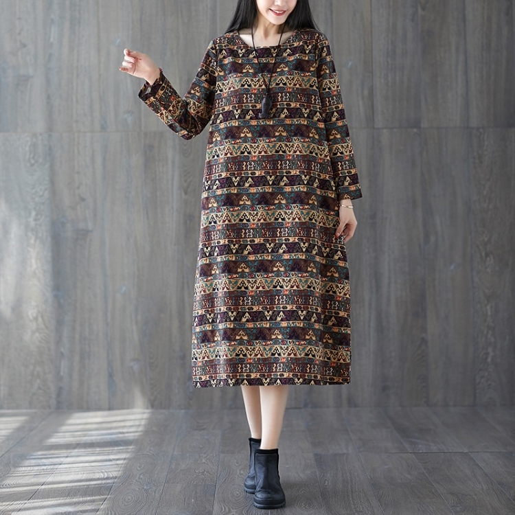 

Loose Slim Printed Mid-length Cotton And Linen Dress (Color:Coffee Size:L)