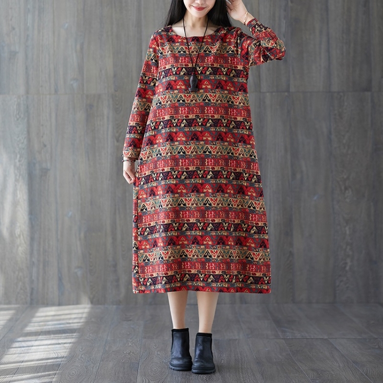 

Loose Slim Printed Mid-length Cotton And Linen Dress (Color:Red Size:L)