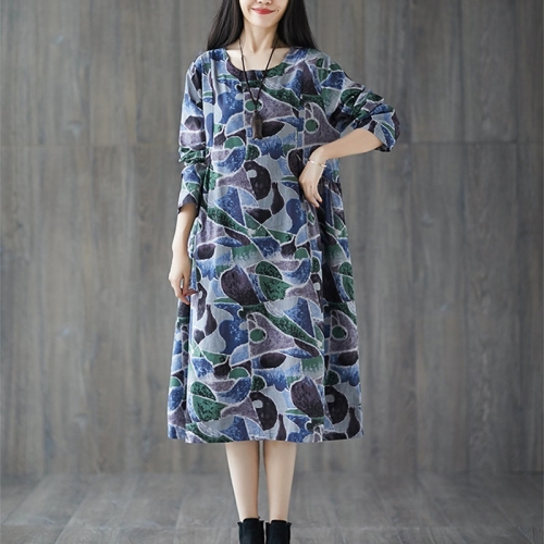 

Loose Slim Printed Mid-length Cotton And Linen Dress (Color:Blue Size:L)