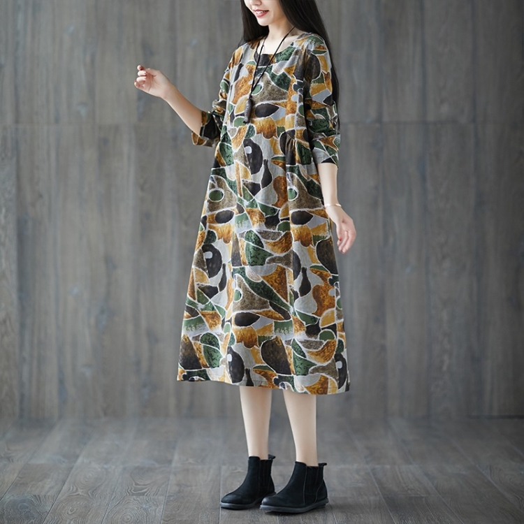 

Loose Slim Printed Mid-length Cotton And Linen Dress (Color:Yellow Size:L)