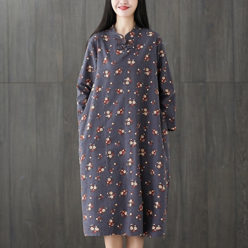 

Floral Cotton And Linen Plus Size Retro Mid-length Dress (Color:Gray Blue Size:M)