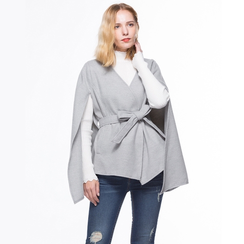 

Women Fleece V-neck Lacing Sleeveless Cloak Coat Cardigan (Color:Light Grey Size:S)