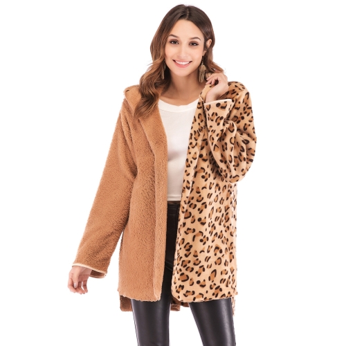 

Double-sided Fluff Leopard Print Hooded Long Sleeve Coat (Color:As Show Size:L)