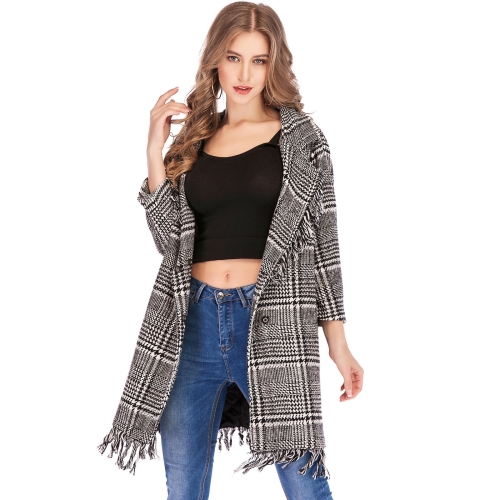 

Women Lapel Tassel Long Sleeve Plaid Woolen Overcoat Jacket (Color:As Show Size:S)