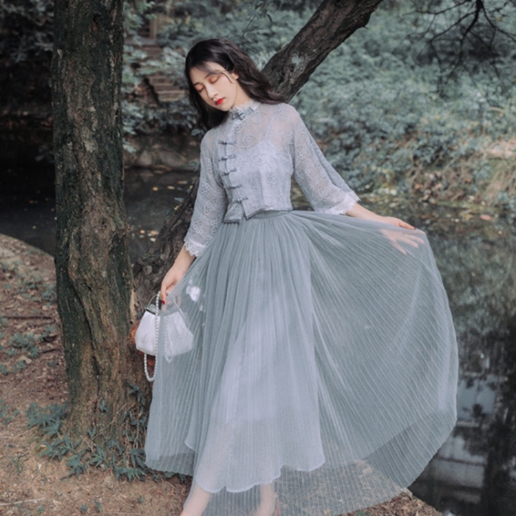 

Chinese Style Lace Mesh Dress Three-piece Suit (Color:Grey Size:S)