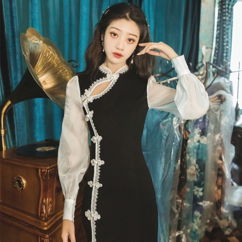 

Fashion Retro Slim-fitting Lace Improved Cheongsam Dress (Color:Black Size:S)