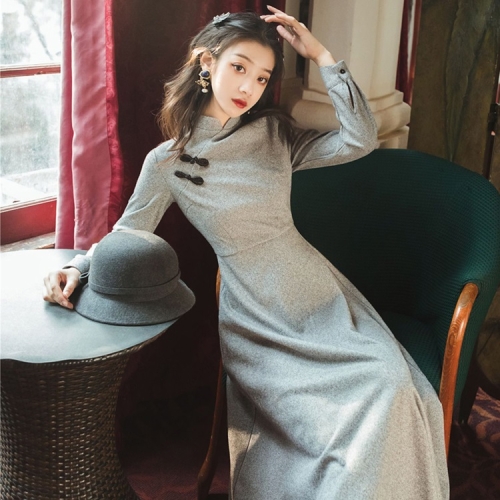 

Improved Cheongsam Bottoming Dress Retro Republican Style Long Skirt (Color:Grey Size:M)