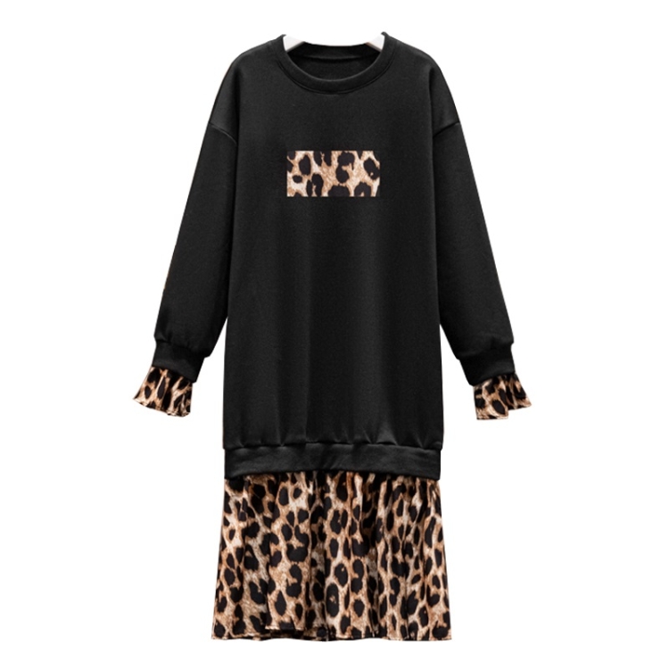 

Leopard Texture Stitching Plus Velvet Long-sleeved Sweater Dress (Color:Black Size:L)