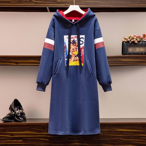 

Contrast Print Hooded Plus Fleece Sweater Dress (Color:Royal Blue Size:XL)