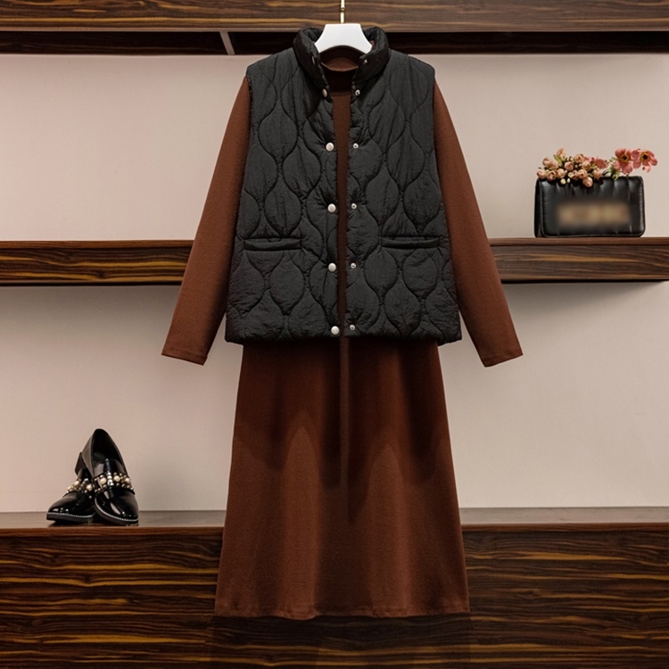 

All-match Vest With Long-sleeved Knitted Base Skirt Suit (Color:Black Size:XL)