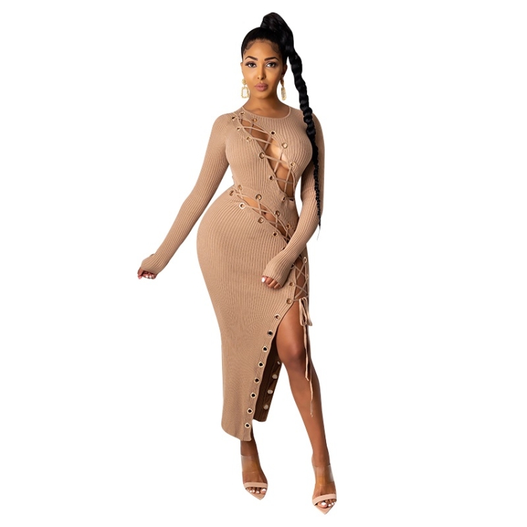 

Round Neck Lace-up Sexy Slim Waist Dress (Color:Brown Size:S)