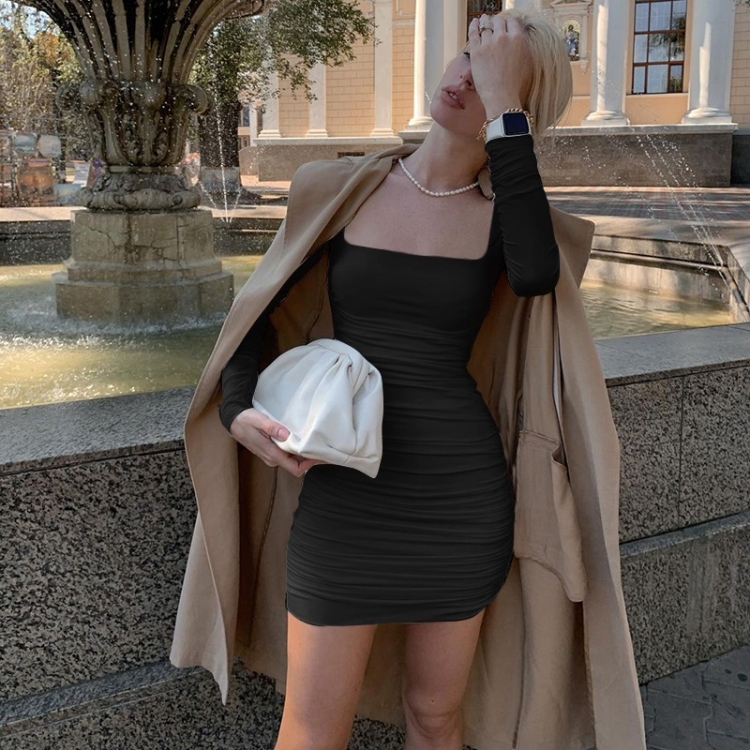 

Pure Color Slim Slimming Pleated Hip Dress (Color:Black Size:S)