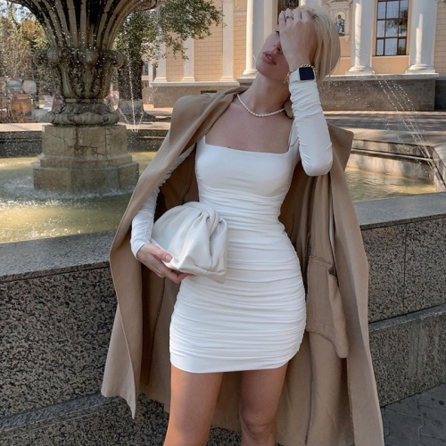 

Pure Color Slim Slimming Pleated Hip Dress (Color:White Size:S)