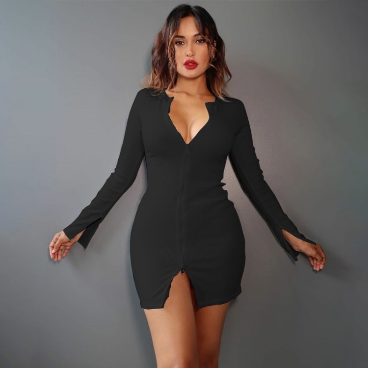 

Long-sleeved Zipper Sexy Slim All-match Bag Hip Dress (Color:Black Size:S)