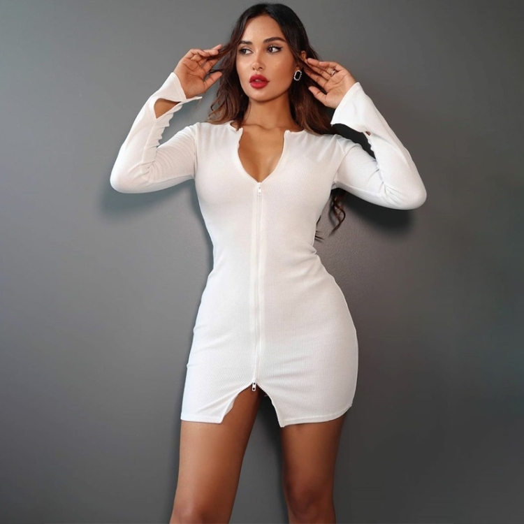 

Long-sleeved Zipper Sexy Slim All-match Bag Hip Dress (Color:White Size:L)