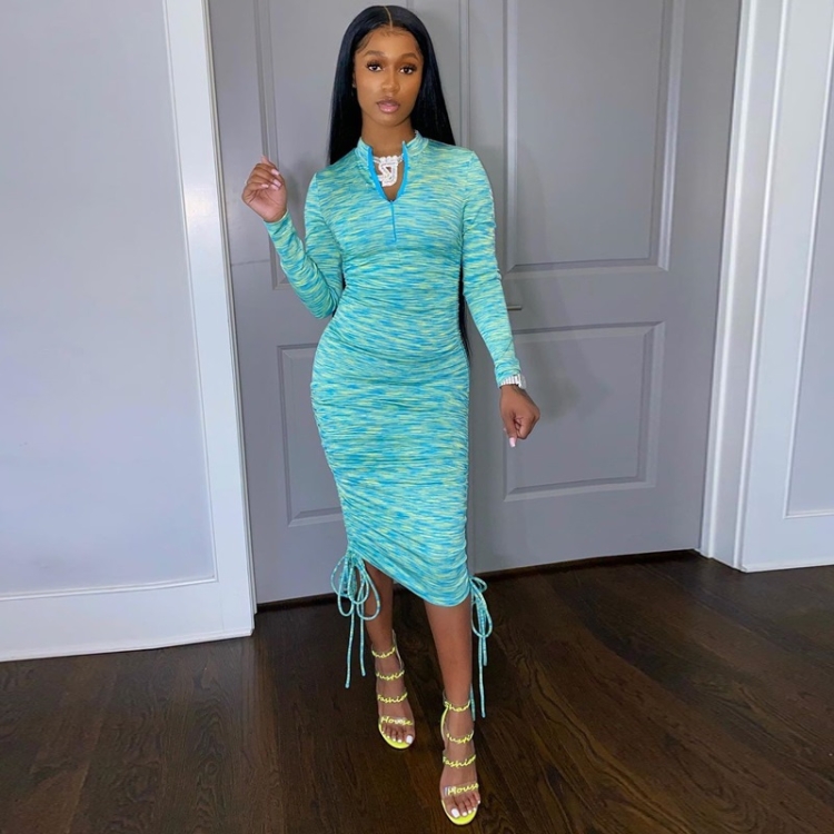 

Printed Round Neck Long Sleeve Drawstring Dress (Color:Green Size:S)