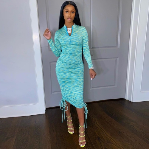 

Printed Round Neck Long Sleeve Drawstring Dress (Color:Green Size:M)