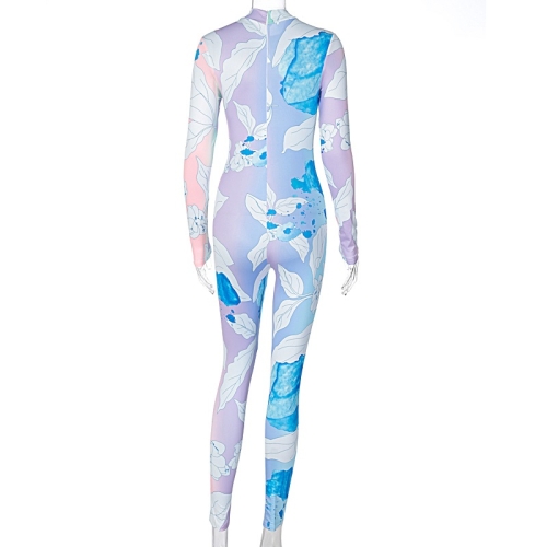 

Printed Long-sleeved Skinny Hip-lifting Sports Jumpsuit (Color:Blue Size:L)