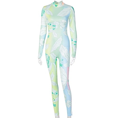 

Printed Long-sleeved Skinny Hip-lifting Sports Jumpsuit (Color:Green Size:XS)