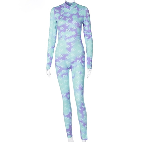 

Printed Long-sleeved Skinny Hip-lifting Sports Jumpsuit (Color:Purple Size:XS)