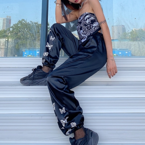 

Butterfly Print Slim Drape Wide-leg Pants (Color:Black Size:S)