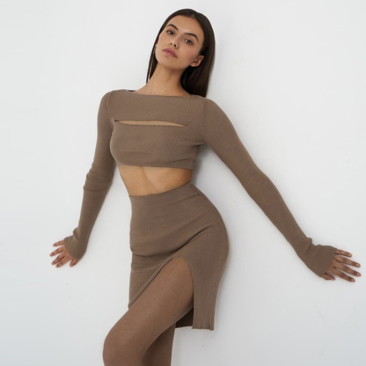 

Slim-fit Hollow Long-sleeved Sexy Short Skirt Two-piece (Color:Brown Size:S)