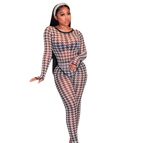 

Fashionable Mesh See-through Jumpsuit Tight-fitting High-waist Trousers Suit (Color:Black Size:S)