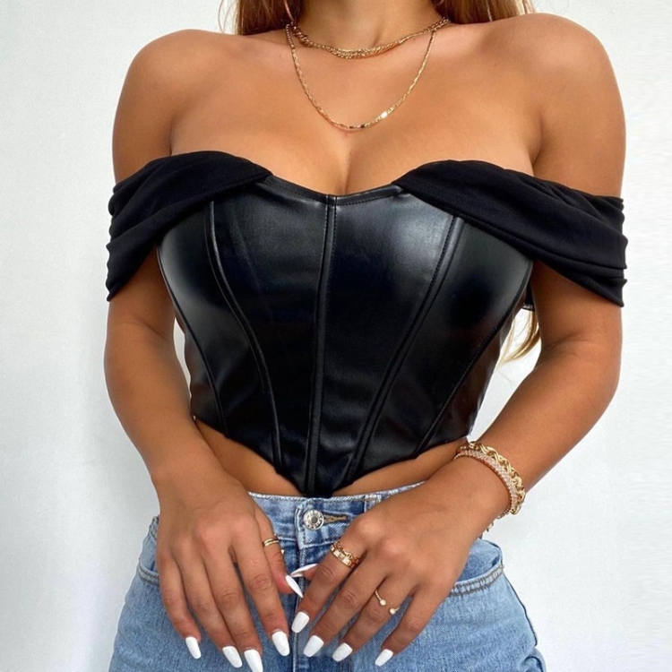 

Open Back Mesh Sleeves PU Leather Slim Camisole (Color:Black Size:S)
