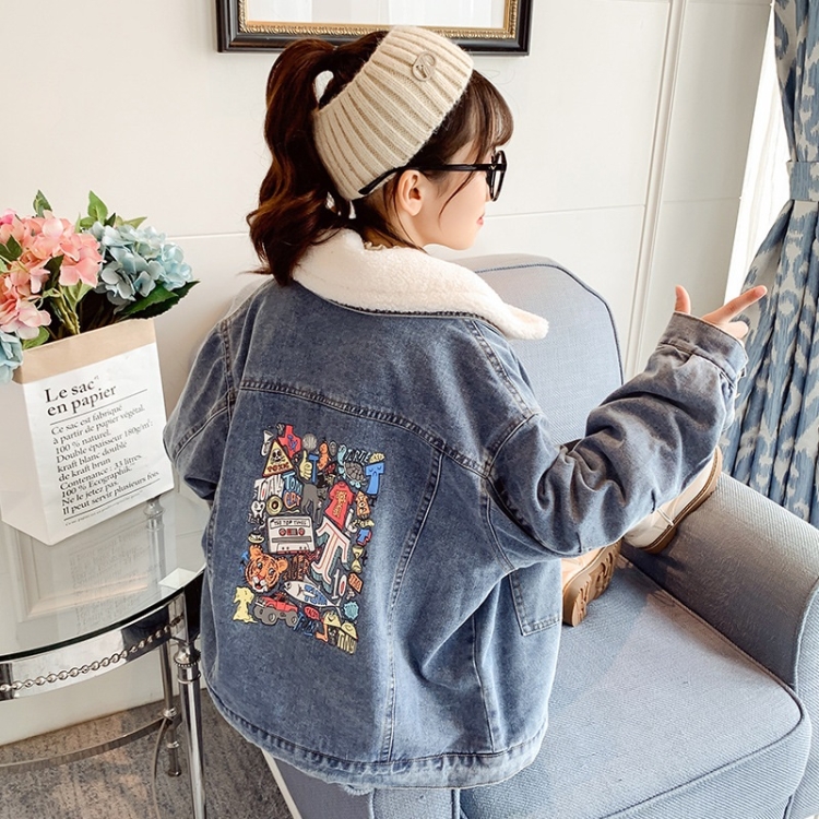 

Girls Cartoon Denim Jacket, Style: Plus Cashmere (Color:Blue Size:110)