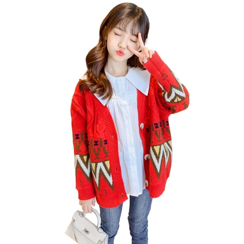 

Girls Padded Cardigan Sweater (Color:Red Size:160)