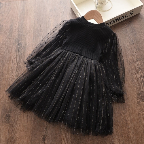 

Girls Sequined Puff Sleeve Knitted Yarn Skirt (Color:Black Size:90)