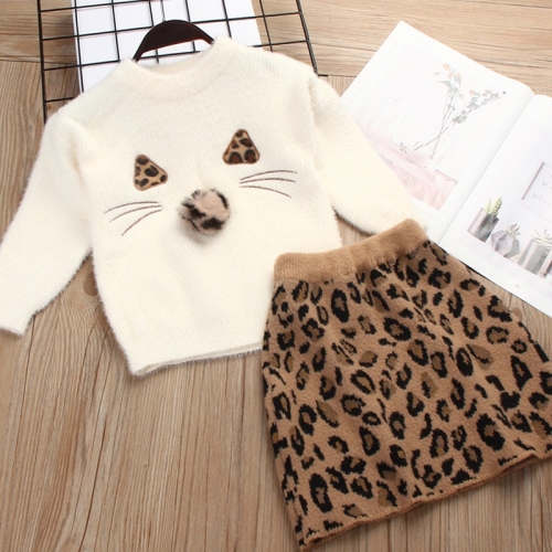 

Girl Solid Color Sweater Mink Velvet + Leopard Skirt Two-piece (Color:Beige Size:90)