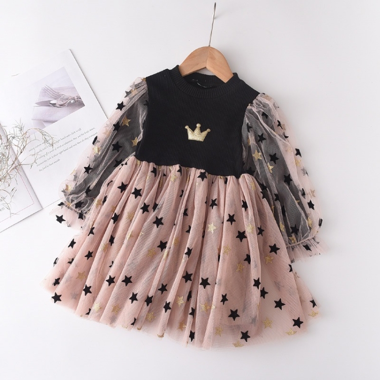

Knitted Long Sleeve Mesh Crown Princess Dress (Color:Black Size:90)
