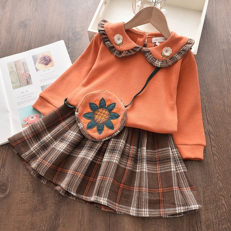 

Plaid Top + Pleated Half-length Princess Skirt Two-piece Suit (Color:Orange Size:100)