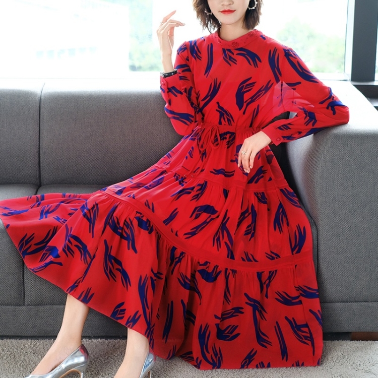 

Women Silk Mulberry Long Sleeve Printed Long Dress (Color:Red Size:M)