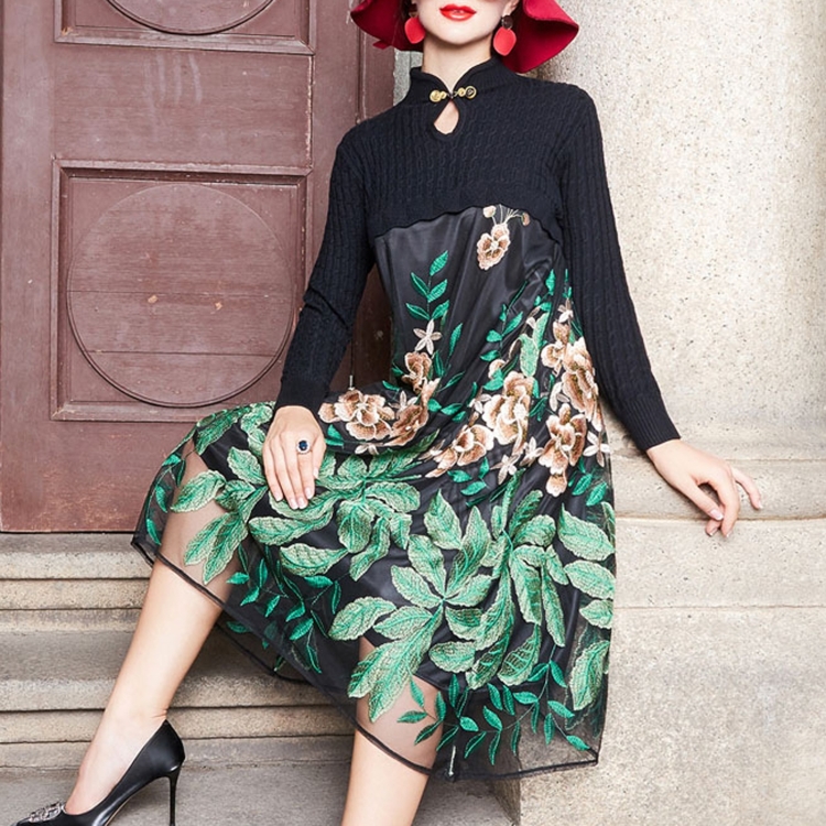 

Mesh Stitching Embroidery Retro A-line Skirt Wool Knitted Dress (Color:Green Leaf Apricot Blossom Size:M)