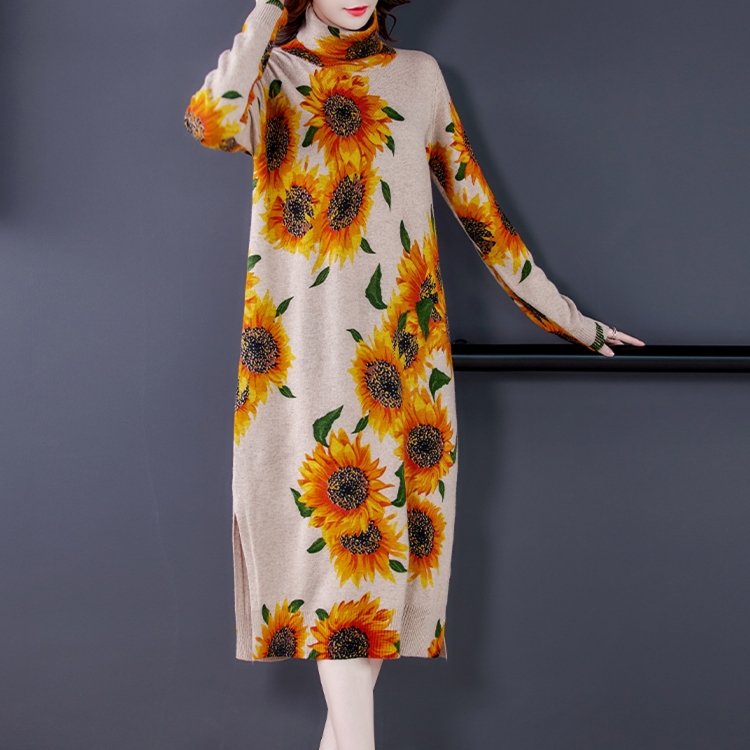 

Wool Big Flowers Long Sleeve High-neck Knitted Skirt Dress (Color:Apricot Size:M)