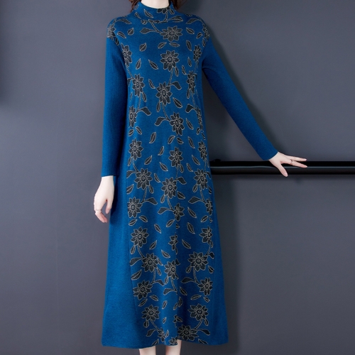 

Women Loose Jacquard Knitted Long Dress (Color:Blue Size:M)