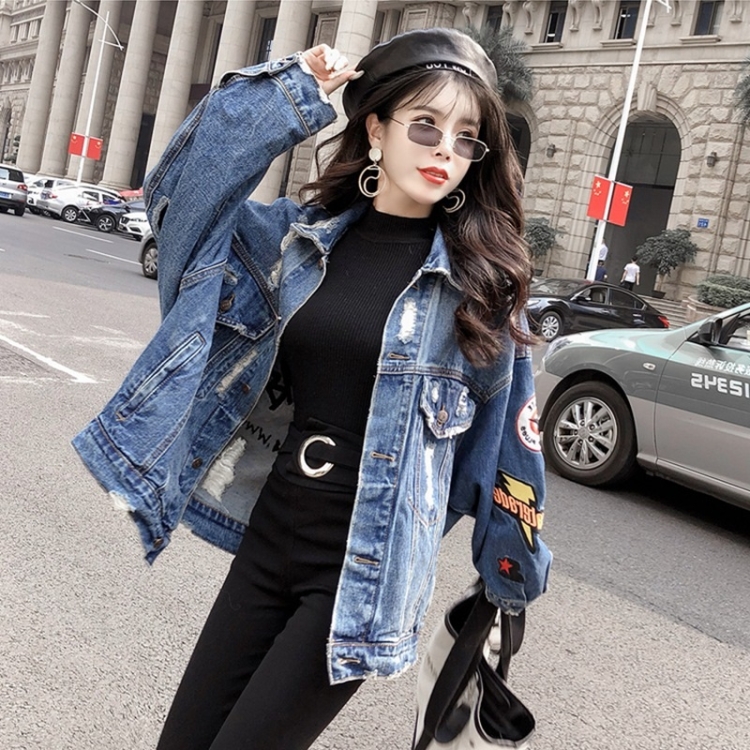 

Women Loose Mid-length Ripped Denim Jacket (Color:Blue Size:S)