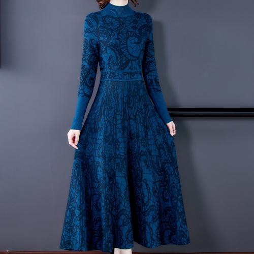 

Women Half High Collar Knitted Dress (Color:Blue Size:M)